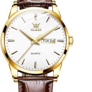 OLEVS Leather Watches for Men Casual Easy to Read Quartz Number Waterproof