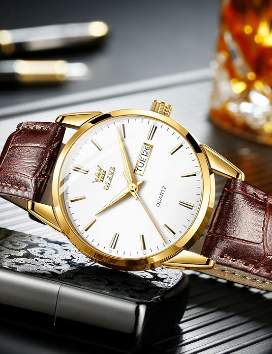 OLEVS Leather Watches for Men Casual Easy to Read Quartz Number Waterproof - Image 5