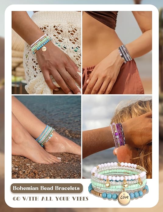LOYALLOOK 6 Sets Bohemian Stackable Bead Bracelets for Women Stretch Bohemian Style Stretch Multilayered Boho Bracelet Set - Image 2