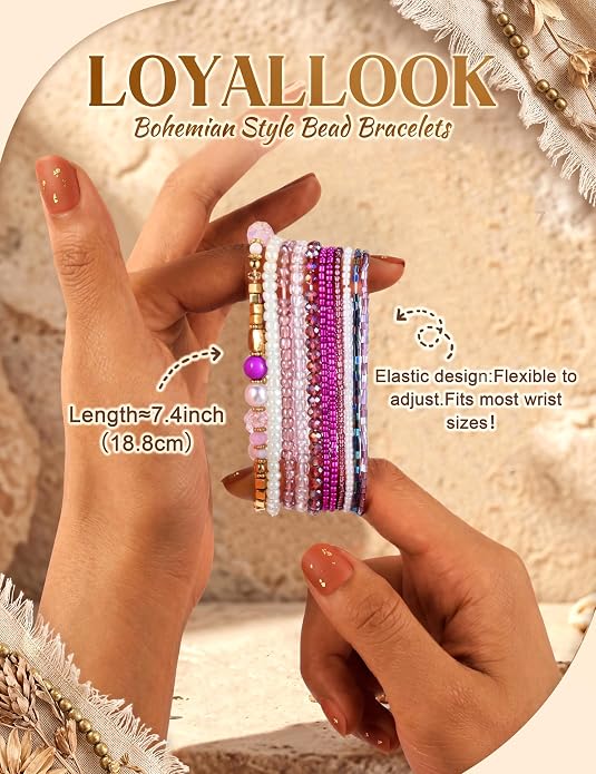 LOYALLOOK 6 Sets Bohemian Stackable Bead Bracelets for Women Stretch Bohemian Style Stretch Multilayered Boho Bracelet Set - Image 4