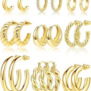 Adoyi 9 Pairs Gold Hoop Earrings Set for Womens Twisted Huggie Hoops Earrings 14K 18K Gold Plated for Valentines Mother's Day Birthday Gifts Lightweight