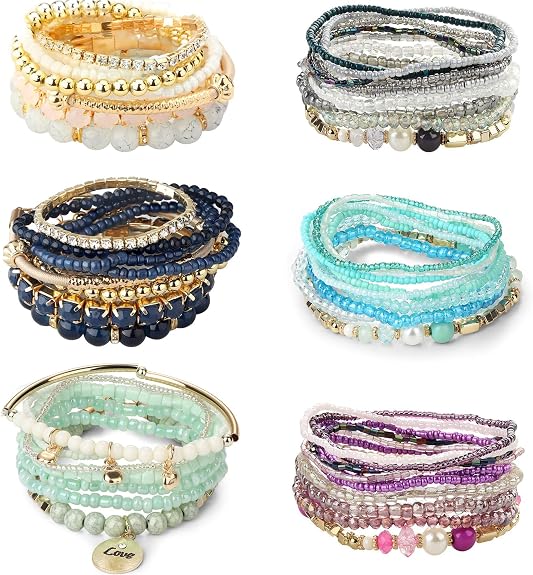 LOYALLOOK 6 Sets Bohemian Stackable Bead Bracelets for Women Stretch Bohemian Style Stretch Multilayered Boho Bracelet Set - Image 6
