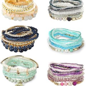 LOYALLOOK 6 Sets Bohemian Stackable Bead Bracelets for Women Stretch Bohemian Style Stretch Multilayered Boho Bracelet Set