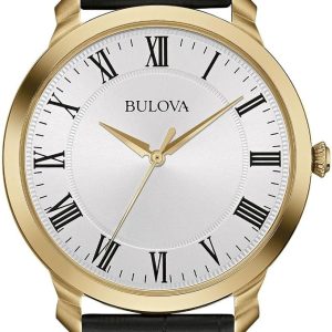 Bulova Men's Classic 3-Hand Quartz Black Leather Strap Watch, Roman Numeral Markers, 41mm
