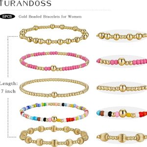 Turandoss 5PCS Gold Beaded Bracelets for Women Trendy, 14K Gold Plated Gold Beaded Bracelet Stack, Dainty Turquoise Cross Pearl Round Ball Bracelet Set, Women Birthday Gifts Jewelry