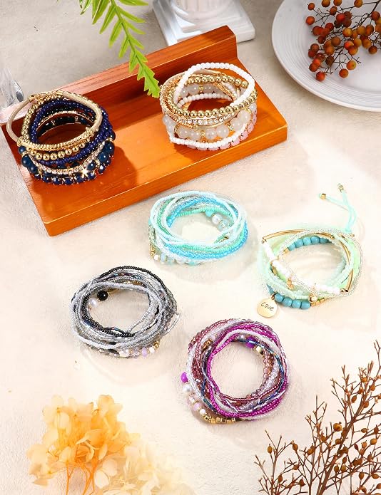 LOYALLOOK 6 Sets Bohemian Stackable Bead Bracelets for Women Stretch Bohemian Style Stretch Multilayered Boho Bracelet Set - Image 3