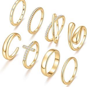 iF YOU Non Tarnish Chunky Gold Rings for Women, 14K Gold Plated Dainty Stackable Cross Cubic Zirconia Ring Set, Knuckle Stacking Pinky Thumb Ring Statement Wedding Bands Jewelry Size 4.5-10
