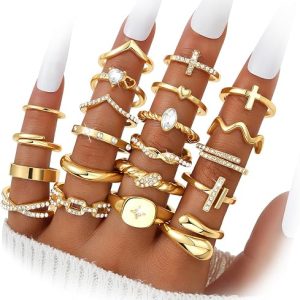 Gold Stackable Rings Set for Women, Gold Plated Chunky Crystal Finger Rings